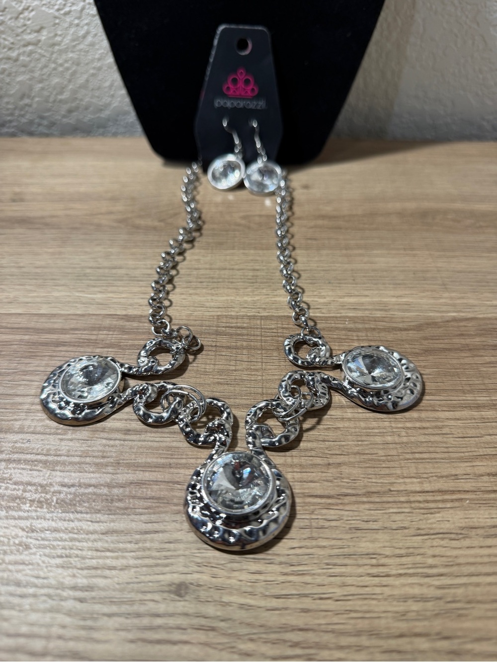 paparazzi Silver Clear Crystal Pendant Necklace and Earring Set